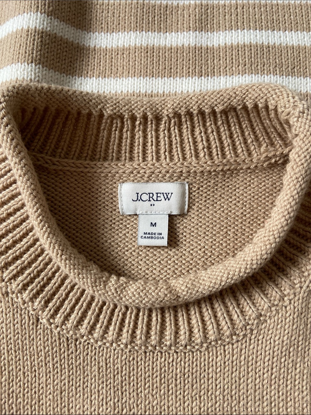 J. Crew Striped Classic Rollneck/Mockneck Cotton Sweater, Camel/White, M, NWOT - Picture 4 of 8